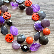 Load image into Gallery viewer, Orange & Black Purple Halloween Necklace, Double strand orange jewelry, jack O Lantern pumpkin chunky big bead statement necklace