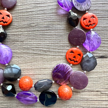 Load image into Gallery viewer, Orange & Black Purple Halloween Necklace, Double strand orange jewelry, jack O Lantern pumpkin chunky big bead statement necklace
