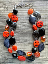 Load image into Gallery viewer, Orange & Black Halloween Necklace, Double strand orange jewelry, jack O Lantern pumpkin chunky big bead statement necklace October