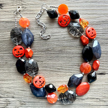 Load image into Gallery viewer, Orange & Black Halloween Necklace, Double strand orange jewelry, jack O Lantern pumpkin chunky big bead statement necklace October