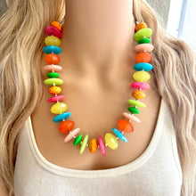 Load image into Gallery viewer, Tropical Parade Strand statement necklace, big beaded chunky jewelry, Fuchsia Lime Green Coral Bib Jewelry set yellow blue pink peach