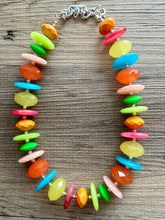 Load image into Gallery viewer, Tropical Parade Strand statement necklace, big beaded chunky jewelry, Fuchsia Lime Green Coral Bib Jewelry set yellow blue pink peach