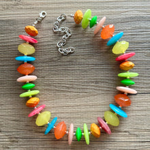 Load image into Gallery viewer, Tropical Parade Strand statement necklace, big beaded chunky jewelry, Fuchsia Lime Green Coral Bib Jewelry set yellow blue pink peach