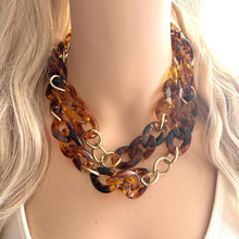 Load image into Gallery viewer, Tortoise Shell & Gold Long Acrylic necklace, brown linking acetate necklace, chain statement jewelry, layering yellow resin chunky strand