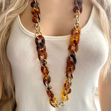 Load image into Gallery viewer, Tortoise Shell & Gold Long Acrylic necklace, brown linking acetate necklace, chain statement jewelry, layering yellow resin chunky strand