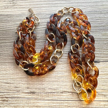 Load image into Gallery viewer, Tortoise Shell & Gold Long Acrylic necklace, brown linking acetate necklace, chain statement jewelry, layering yellow resin chunky strand