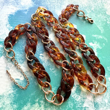 Load image into Gallery viewer, Tortoise Shell & Gold Long Acrylic necklace, brown linking acetate necklace, chain statement jewelry, layering yellow resin chunky strand