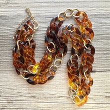 Load image into Gallery viewer, Tortoise Shell & Gold Long Acrylic necklace, brown linking acetate necklace, chain statement jewelry, layering yellow resin chunky strand