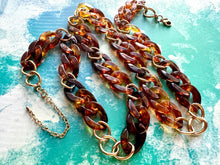 Load image into Gallery viewer, Tortoise Shell & Gold Long Acrylic necklace, brown linking acetate necklace, chain statement jewelry, layering yellow resin chunky strand