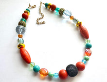 Load image into Gallery viewer, Santa Fe Chunky Statement Necklace, single strand bib beaded jewelry, sky blue color block necklace, light green orange black aqua jewelry
