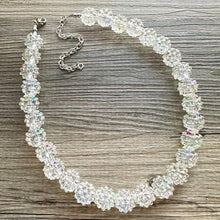 Load image into Gallery viewer, Sparkle Snowball Beaded Chunky Statement Necklace, clear resin necklace, single silver beaded wedding, bridesmaid jewelry winter rainbow