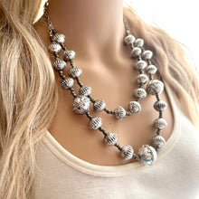 Load image into Gallery viewer, Silver Bells Statement Necklace, Chunky Jewelry Big Beaded Double Strand Necklace, Christmas Necklace, Silver Jewelry Set gray