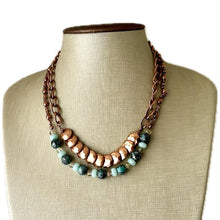 Load image into Gallery viewer, Rosegold Hammered Coin Skinny Statement Necklace, patina gold turquoise beaded chain, layering jewelry beaded sale vintage choker bib