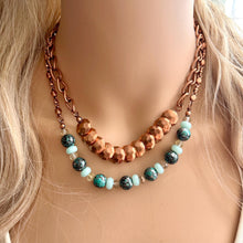 Load image into Gallery viewer, Rosegold Hammered Coin Skinny Statement Necklace, patina gold turquoise beaded chain, layering jewelry beaded sale vintage choker bib