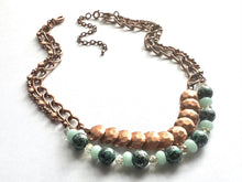 Load image into Gallery viewer, Rosegold Hammered Coin Skinny Statement Necklace, patina gold turquoise beaded chain, layering jewelry beaded sale vintage choker bib