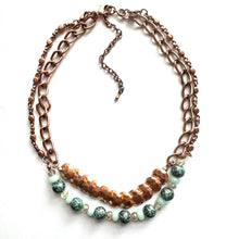 Load image into Gallery viewer, Rosegold Hammered Coin Skinny Statement Necklace, patina gold turquoise beaded chain, layering jewelry beaded sale vintage choker bib