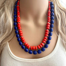 Load image into Gallery viewer, Blue & Red Orange Statement Necklace, silver double strand beaded chunky jewelry, fall firetruck royal bib color block dressy navy wedding