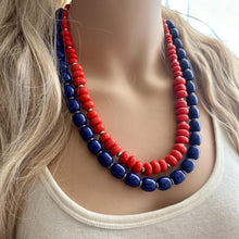 Load image into Gallery viewer, Blue & Red Orange Statement Necklace, silver double strand beaded chunky jewelry, fall firetruck royal bib color block dressy navy wedding