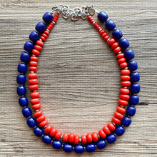 Load image into Gallery viewer, Blue & Red Orange Statement Necklace, silver double strand beaded chunky jewelry, fall firetruck royal bib color block dressy navy wedding
