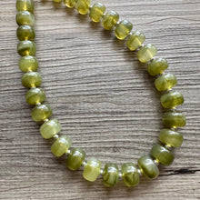 Load image into Gallery viewer, Olive Candy Statement Necklace, resin chunky multi-strand jewelry, deep army green necklace, single strand silver necklace thick layering