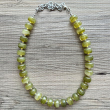 Load image into Gallery viewer, Olive Candy Statement Necklace, resin chunky multi-strand jewelry, deep army green necklace, single strand silver necklace thick layering