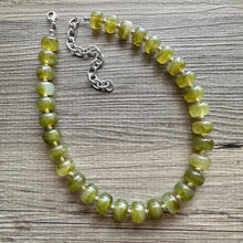 Load image into Gallery viewer, Olive Candy Statement Necklace, resin chunky multi-strand jewelry, deep army green necklace, single strand silver necklace thick layering