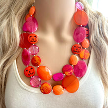 Load image into Gallery viewer, Orange & Pink Halloween Necklace, Double strand orange jewelry, jack O Lantern pumpkin chunky big bead statement necklace hot pink magenta