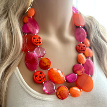Load image into Gallery viewer, Orange & Pink Halloween Necklace, Double strand orange jewelry, jack O Lantern pumpkin chunky big bead statement necklace hot pink magenta