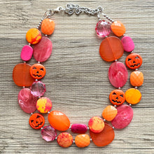 Load image into Gallery viewer, Orange & Pink Halloween Necklace, Double strand orange jewelry, jack O Lantern pumpkin chunky big bead statement necklace hot pink magenta