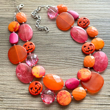 Load image into Gallery viewer, Orange & Pink Halloween Necklace, Double strand orange jewelry, jack O Lantern pumpkin chunky big bead statement necklace hot pink magenta