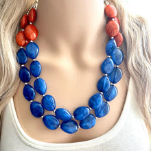 Load image into Gallery viewer, Orange & Royal Blue Chunky Statement Necklace, Big beaded jewelry, Double Strand Statement Necklace, Bib necklace, sport bridesmaid wedding