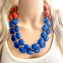 Load image into Gallery viewer, Orange & Royal Blue Chunky Statement Necklace, Big beaded jewelry, Double Strand Statement Necklace, Bib necklace, sport bridesmaid wedding