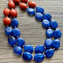 Load image into Gallery viewer, Orange & Royal Blue Chunky Statement Necklace, Big beaded jewelry, Double Strand Statement Necklace, Bib necklace, sport bridesmaid wedding