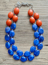 Load image into Gallery viewer, Orange & Royal Blue Chunky Statement Necklace, Big beaded jewelry, Double Strand Statement Necklace, Bib necklace, sport bridesmaid wedding