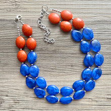 Load image into Gallery viewer, Orange & Royal Blue Chunky Statement Necklace, Big beaded jewelry, Double Strand Statement Necklace, Bib necklace, sport bridesmaid wedding