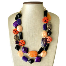 Load image into Gallery viewer, Orange & Black Purple Halloween Necklace, Double strand orange jewelry, jack O Lantern pumpkin chunky big bead statement necklace