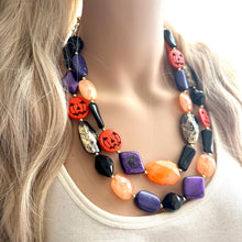 Load image into Gallery viewer, Orange & Black Purple Halloween Necklace, Double strand orange jewelry, jack O Lantern pumpkin chunky big bead statement necklace