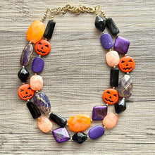 Load image into Gallery viewer, Orange & Black Purple Halloween Necklace, Double strand orange jewelry, jack O Lantern pumpkin chunky big bead statement necklace