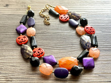 Load image into Gallery viewer, Orange & Black Purple Halloween Necklace, Double strand orange jewelry, jack O Lantern pumpkin chunky big bead statement necklace