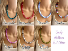 Load image into Gallery viewer, Resin Candy Statement Necklace, Layering beaded chunky single strand jewelry, rainbow necklace, thick green purple periwinkle olive pink red