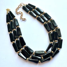 Load image into Gallery viewer, Black & Gold Necklace, 3 strand gold jewelry, big beaded chunky statement necklace, black necklace, gold beaded jewelry thick collar