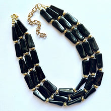 Load image into Gallery viewer, Black & Gold Necklace, 3 strand gold jewelry, big beaded chunky statement necklace, black necklace, gold beaded jewelry thick collar