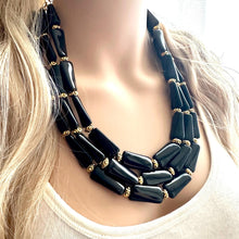 Load image into Gallery viewer, Black & Gold Necklace, 3 strand gold jewelry, big beaded chunky statement necklace, black necklace, gold beaded jewelry thick collar