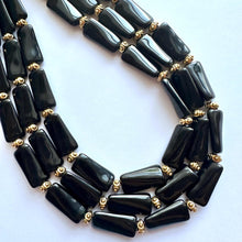 Load image into Gallery viewer, Black & Gold Necklace, 3 strand gold jewelry, big beaded chunky statement necklace, black necklace, gold beaded jewelry thick collar