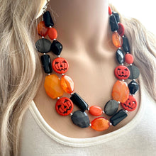 Load image into Gallery viewer, Orange & Black Spooky Halloween Necklace, Double strand orange jewelry, jack O Lantern pumpkin chunky big bead statement necklace