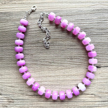 Load image into Gallery viewer, Purple Candy Statement Necklace, resin chunky multi-strand jewelry, light pink white necklace, single strand silver thick layering