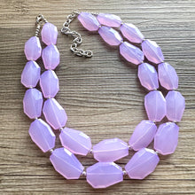 Load image into Gallery viewer, Purple Lavender statement necklace, chunky bib necklace, beaded jewelry light purple necklace, 2 strand pinkish purple jewelry silver chunky