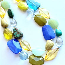 Load image into Gallery viewer, Weekend Seascape Necklace, Blue & Green Chunky Statement resin mint beaded necklace jewelry, multi color strand bib chunky periwinkle