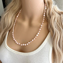 Load image into Gallery viewer, Mother of Pearl Pink Heart Statement Necklace, Skinny Strand Jewelry, Valentines Day jewelry, layering beaded gold shiny