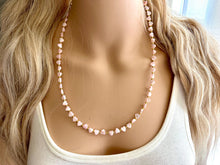 Load image into Gallery viewer, Mother of Pearl Pink Heart Statement Necklace, Skinny Strand Jewelry, Valentines Day jewelry, layering beaded gold shiny